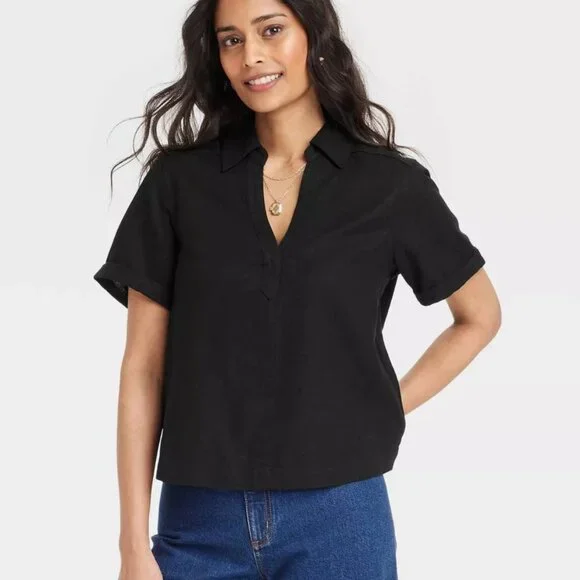 Universal Thread/Short Sleeve/Popover Blouse/Black/Collar/Relaxed Fit/M - Picture 1 of 3